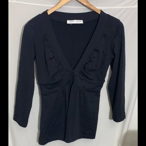 Susana Monaco Black 3/4 Sleeve V-neck Gathered Top